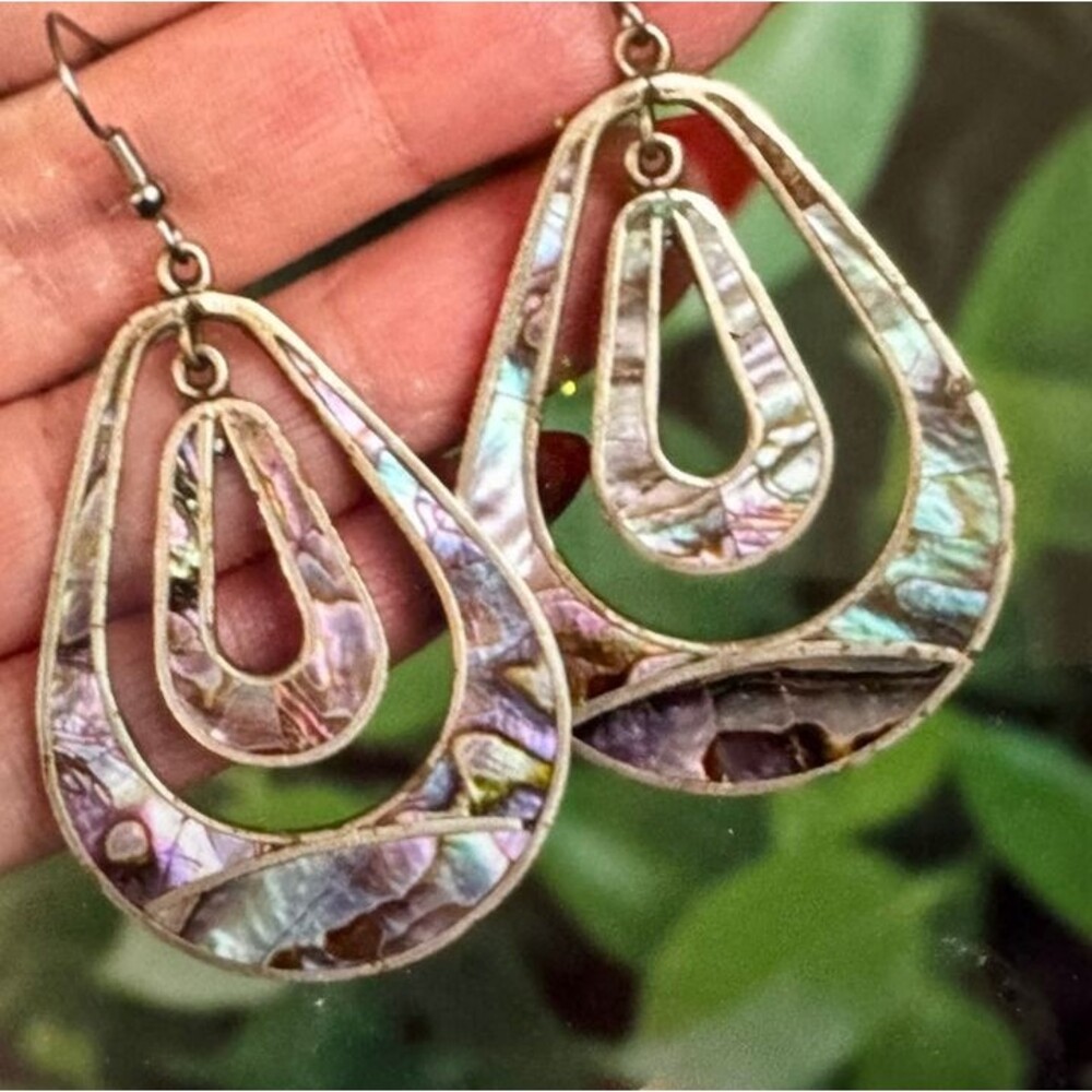Vintage 1970s Mexico Abalone Earrings Dangle Silver Tone Metal Big Statement